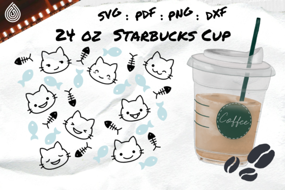 Kawaii Cat with Fish, 24oz Coffee Cup